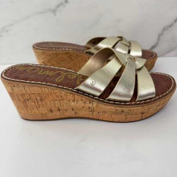 Sam Edelman Womens Raynere Slide Platform Sandals Size 8 Leather Cork Gold - Picture 2 of 10
